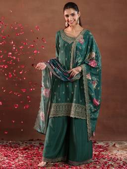 Libas - Teal Silk Blend Embroidered Kurta Sets for Women