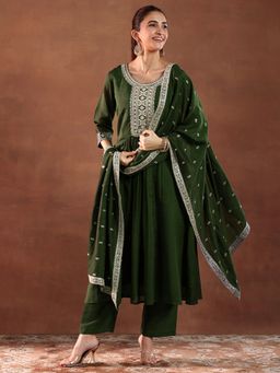 Libas - Green Silk Blend Yoke Design Kurta Sets for Women