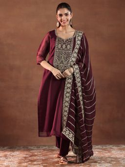 Libas - Maroon Organza Yoke Design Kurta Sets for Women
