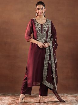 Libas - Maroon Organza Yoke Design Kurta Sets for Women