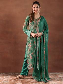 Libas - Women Green Embroidered Kurta with Pant and Dupatta (Set of 3)