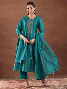 Libas - Teal Chanderi Silk Embroidered Kurta Sets for Women