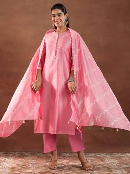 Libas - Coral Chanderi Silk Yoke Design Kurta Sets for Women