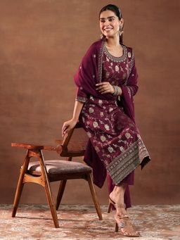 Libas - Red Floral Straight Kurta With Pant & Dupatta (Set of 3)