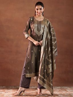 Libas - Brown Silk Blend Woven Design Kurta Sets for Women