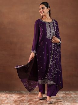 Libas - Burgundy Silk Blend Embroidered Kurta Sets for Women