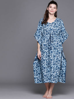 Libas - Blue Cotton Printed Kaftan Night Dress (Free Size)