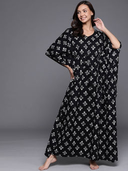 Libas - Black cotton printed kaftan nightdress with tie-up details (Free Size)