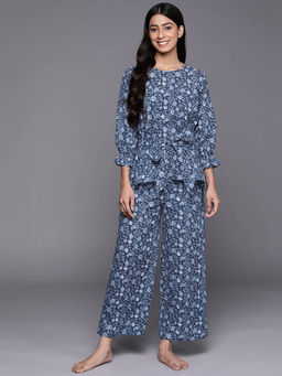Libas - Blue Cotton All-Over Floral Print With Attached Belted Design Kurti & Pyjama Night Suit