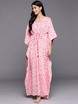 Libas - White Cotton all-over printed night dress (Free Size)