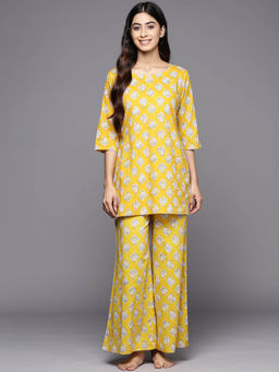 Libas - Mustard cotton floral printed kurti with cotton printed pyjamas (XS)
