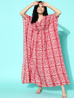 Libas - Red cotton tie-dye printed with front tie-up detail kaftan dress (Free Size)