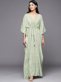 Libas - Pista green cotton floral printed with front tie-up detail kaftan dress (Free Size)