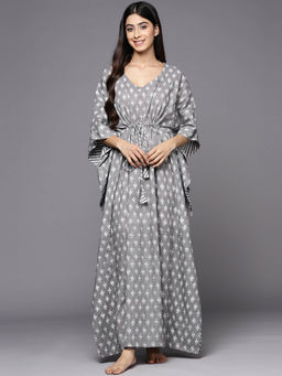 Libas - Grey cotton floral printed with front tie-up detail kaftan dress (Free Size)