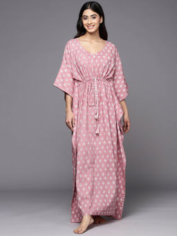 Libas - Mauve cotton floral printed with front tie-up detail kaftan dress (Free Size)