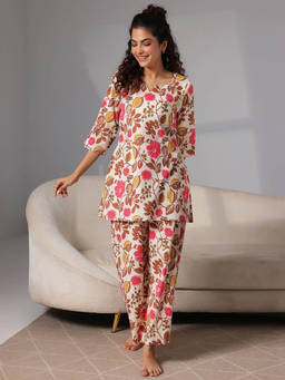 Libas - Cream floral printed kurti with floral printed pyjamas (XS)