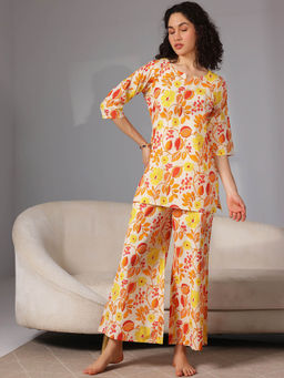 Libas - Yellow white floral printed kurti with floral printed pyjamas (XS)