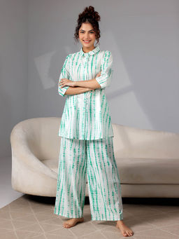 Libas - Green white abstract printed cotton shirt with printed pyjamas (XS)