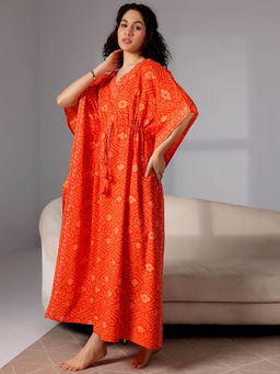 Libas - Orange bandhani printed kaftan with drawstring and kimono sleeves (Free Size)