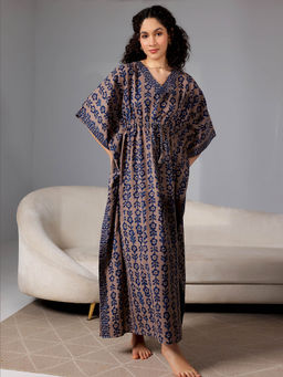 Libas - Blue floral printed kaftan with drawstring and kimono sleeves (Free Size)