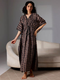 Libas - Black floral printed kaftan with drawstring and kimono sleeves (Free Size)