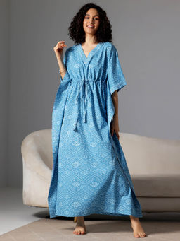 Libas - Blue bandhani printed kaftan with drawstring and kimono sleeves (Free Size)