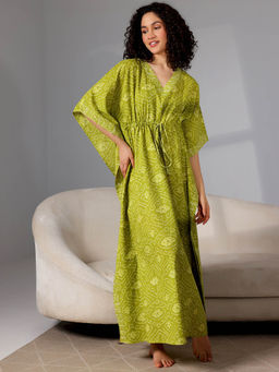 Libas - Green bandhani printed kaftan with drawstring and kimono sleeves (Free Size)