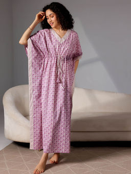 Libas - Purple white floral printed kaftan with drawstring and kimono sleeves (Free Size)