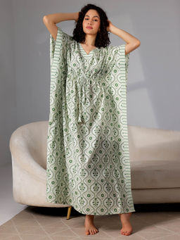 Libas - Green white floral printed kaftan with drawstring and kimono sleeves (Free Size)