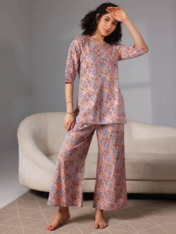 Libas - Peach floral printed straight kurti with floral printed pyjamas (XS)