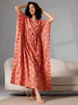 Libas - Orange floral printed kaftan with drawstring and kimono sleeves (Free Size)