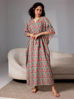 Libas - Green floral printed kaftan with drawstring and kimono sleeves (Free Size)