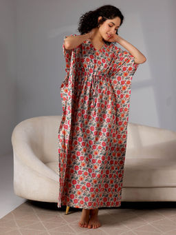 Libas - Beige floral printed kaftan with drawstring and kimono sleeves (Free Size)