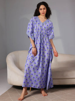 Libas - Purple floral printed kaftan with drawstring and kimono sleeves (Free Size)