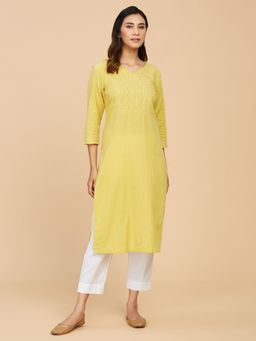 Fabindia - Yellow Cotton Chikankari Long Kurta