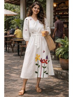 Gulaal - White Patch Work A Line Midi Dress With Belt