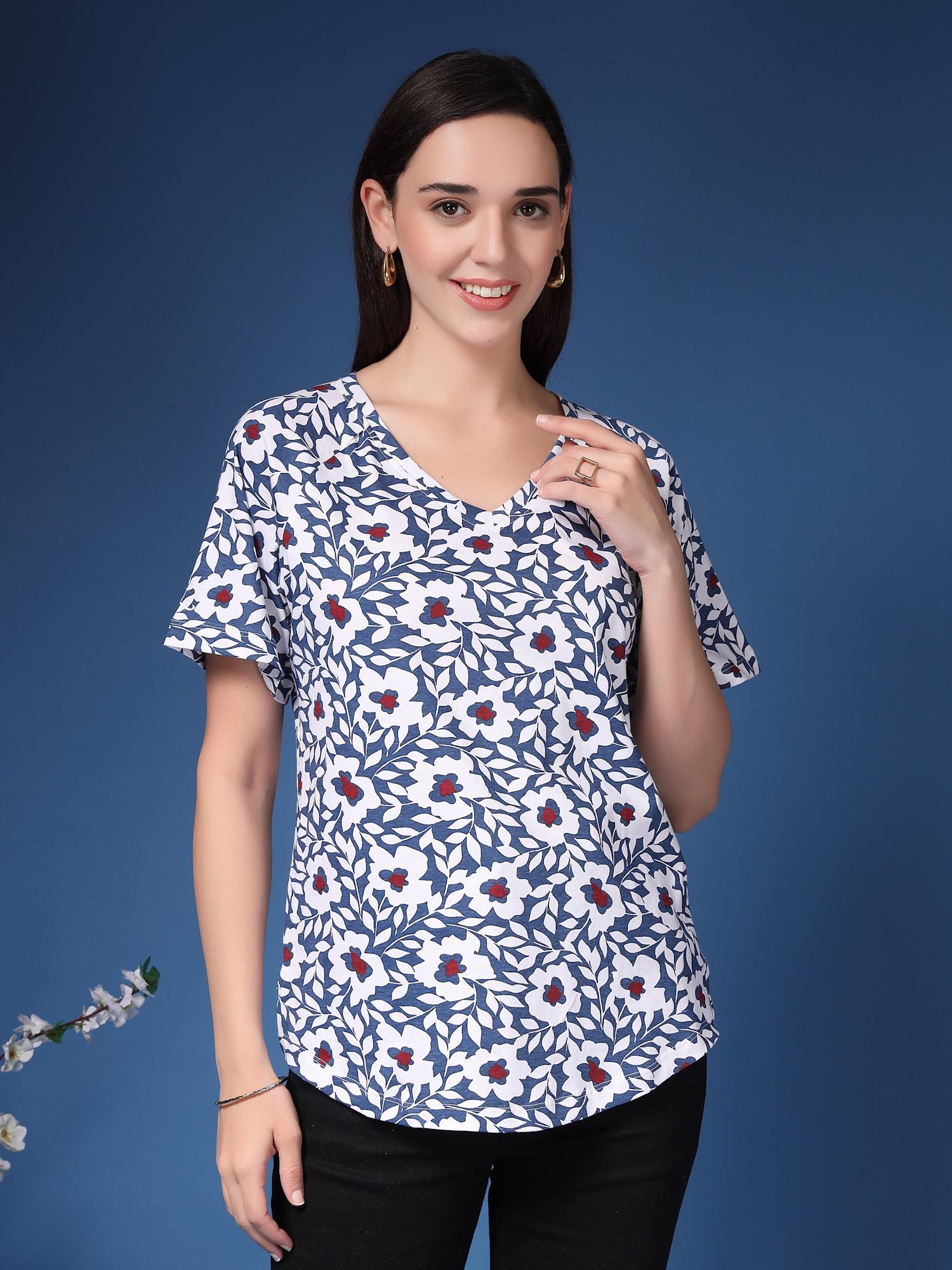zelena Navy Blue Cotton Maternity Printed Feeding Top-picture-14