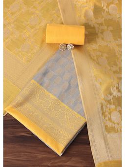 KALKI FASHION - Grey And Gold Yellow Banarasi Silk Woven Unstitched Dress Material (Set of 3)