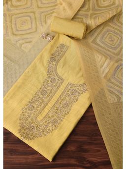 KALKI FASHION - Gold Yellow Zari Embroidered Chanderi Unstitched Dress Material (Set of 3)