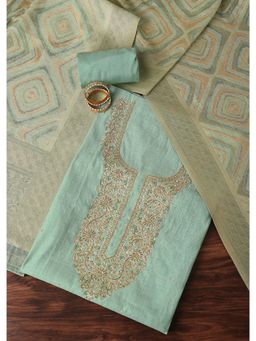 KALKI FASHION - Light Sea Blue Zari Embroidered Chanderi Unstitched Dress Material (Set of 3)