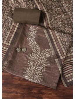 KALKI FASHION - Brown Zari Kalamkari Worked Unstitched Tussar Dress Material (Set of 3)