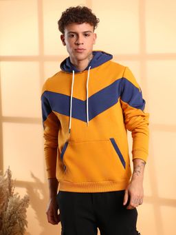 Campus Sutra - Men Mustard Yellow Contrast Panel Hoodie with Ribbed Hem