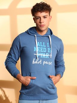 Campus Sutra - Men Blue All I Need Hoodie with Front Pocket