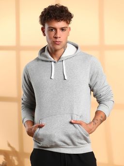Campus Sutra - Men Light Grey Pullover Hoodie with Contrast Drawstring