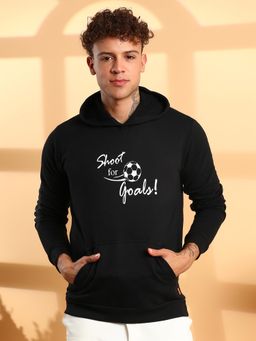 Campus Sutra - Men Black Shoot for Goals Hoodie with Kangaroo Pocket
