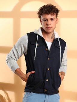 Campus Sutra - Men Grey and Navy Blue Button-Front Jacket with Contrast Detail