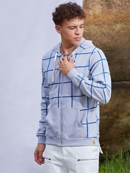 Campus Sutra - Men Light Grey Contrast Graph Check Hoodie with Zip-Closure