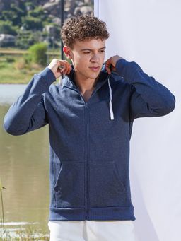 Campus Sutra - Men Dark Blue Zip-Front Hoodie with Contrast Drawstring
