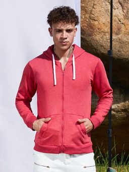 Campus Sutra - Men Red Zip-Front Hoodie with Contrast Drawstring