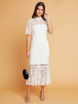 Styli - White Lace Insert Cut-out Back Detail Bodycon Midi Dress